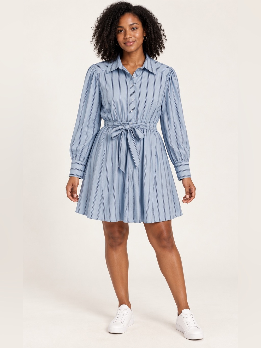Steve Madden Blue Striped Long Sleeve Tie-Waist Shirtdress